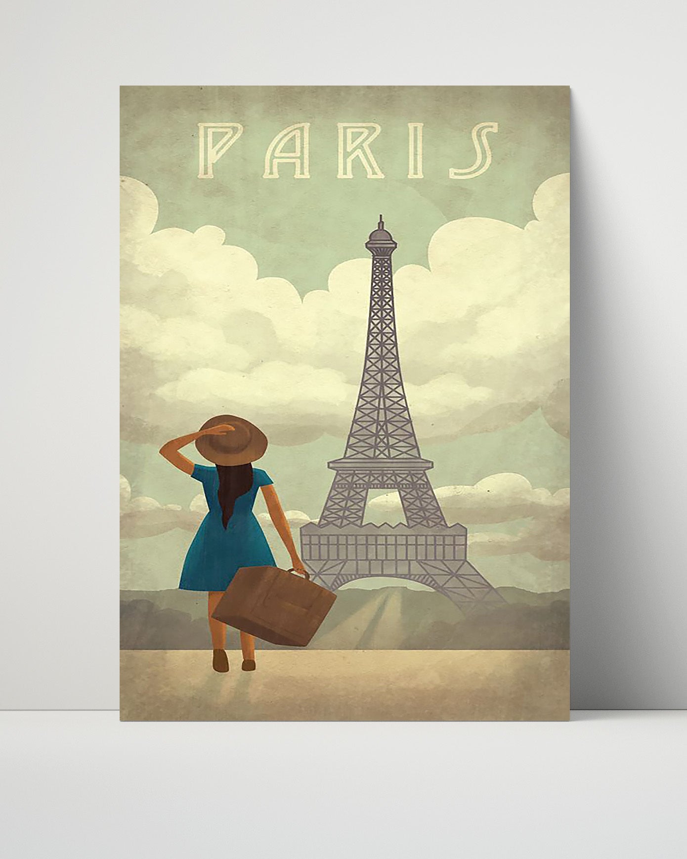 Paris Eiffel Tower with Traveler Vintage Travel Print 16x20 Unframed Print travel wall art print