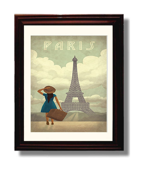 Paris Eiffel Tower with Traveler Vintage Travel Print 8x10 Beveled Frame travel wall art print