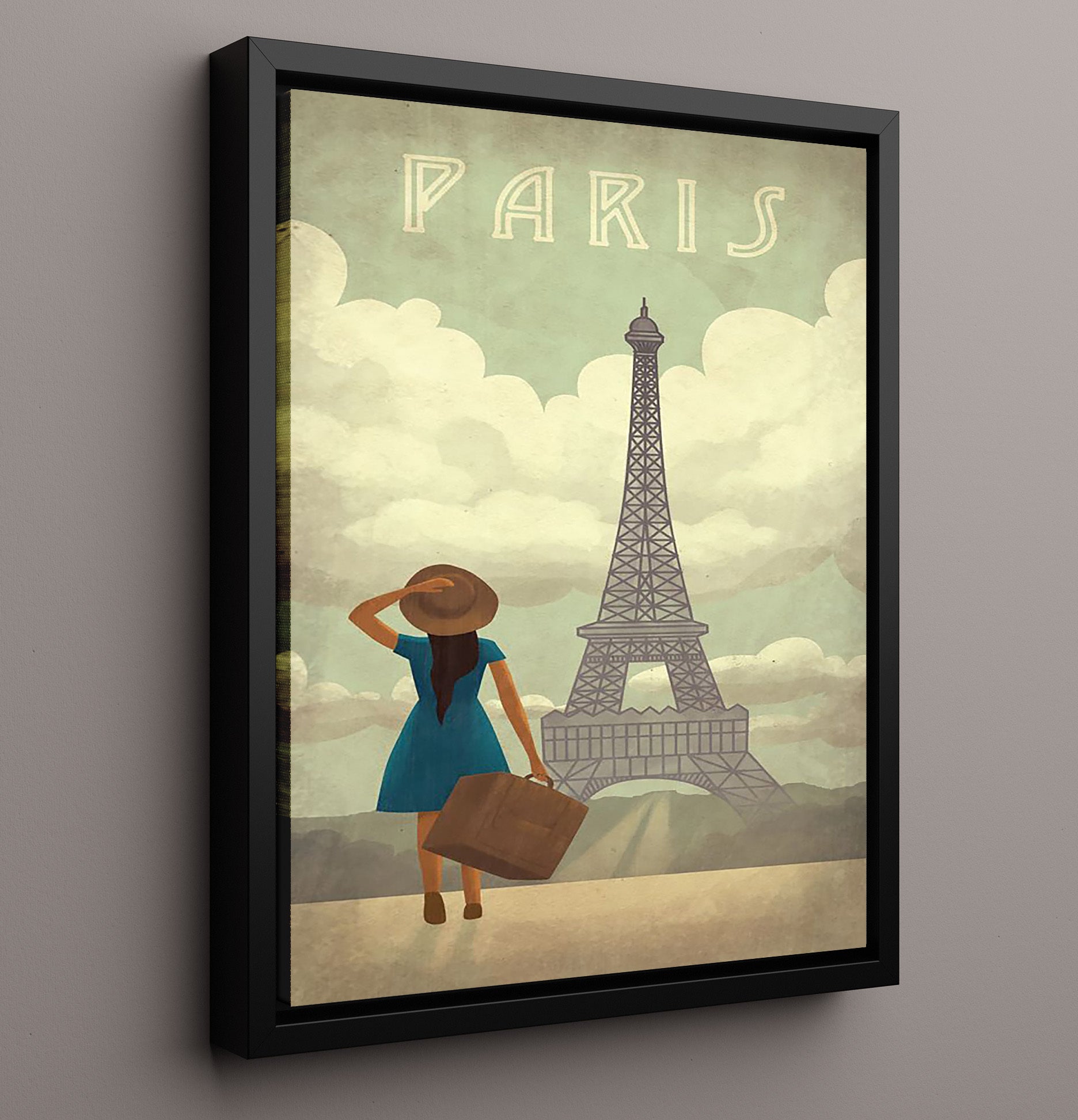 Paris Eiffel Tower with Traveler Vintage Travel Print 16x20 Framed Canvas travel wall art print