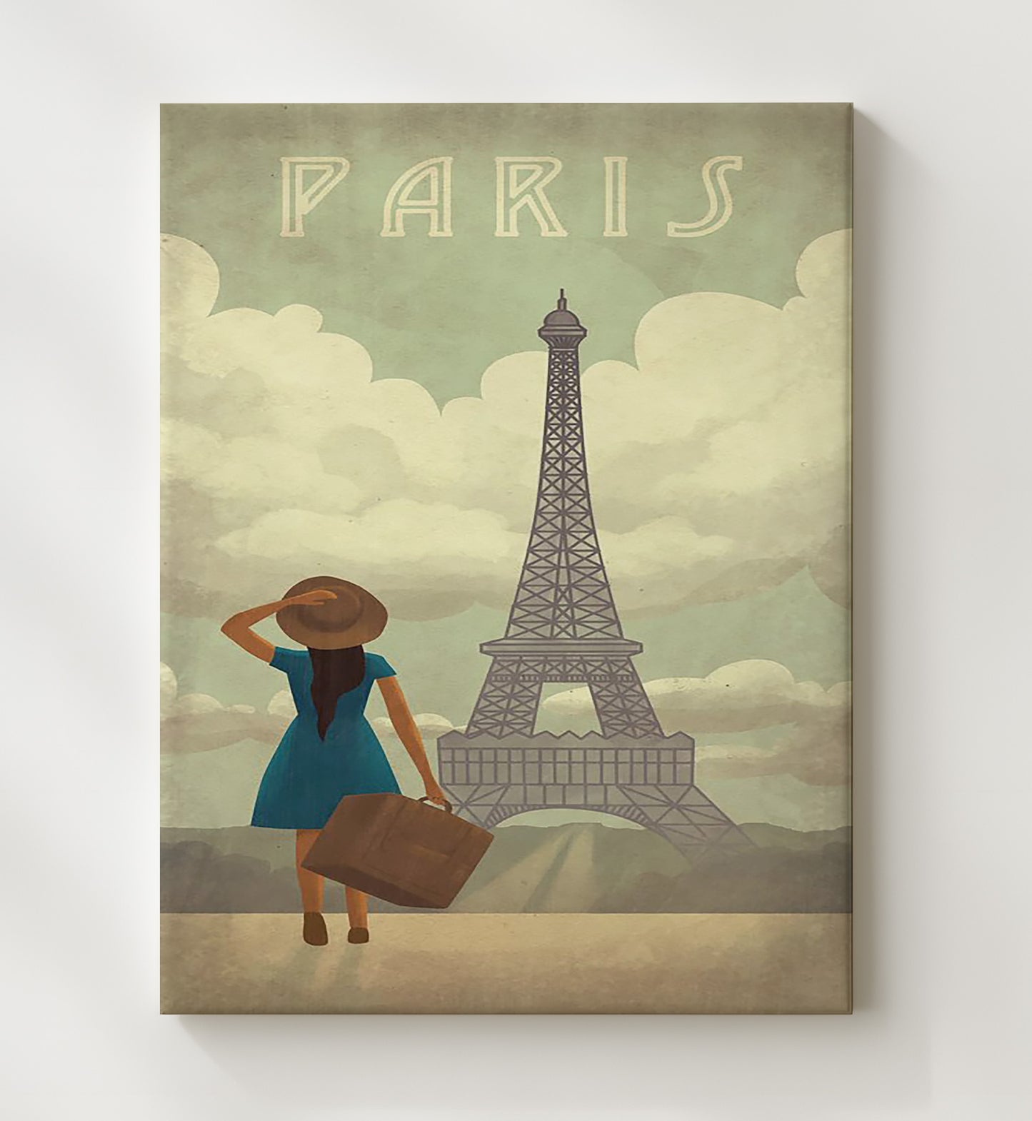 Paris Eiffel Tower with Traveler Vintage Travel Print 20x24 Canvas travel wall art print