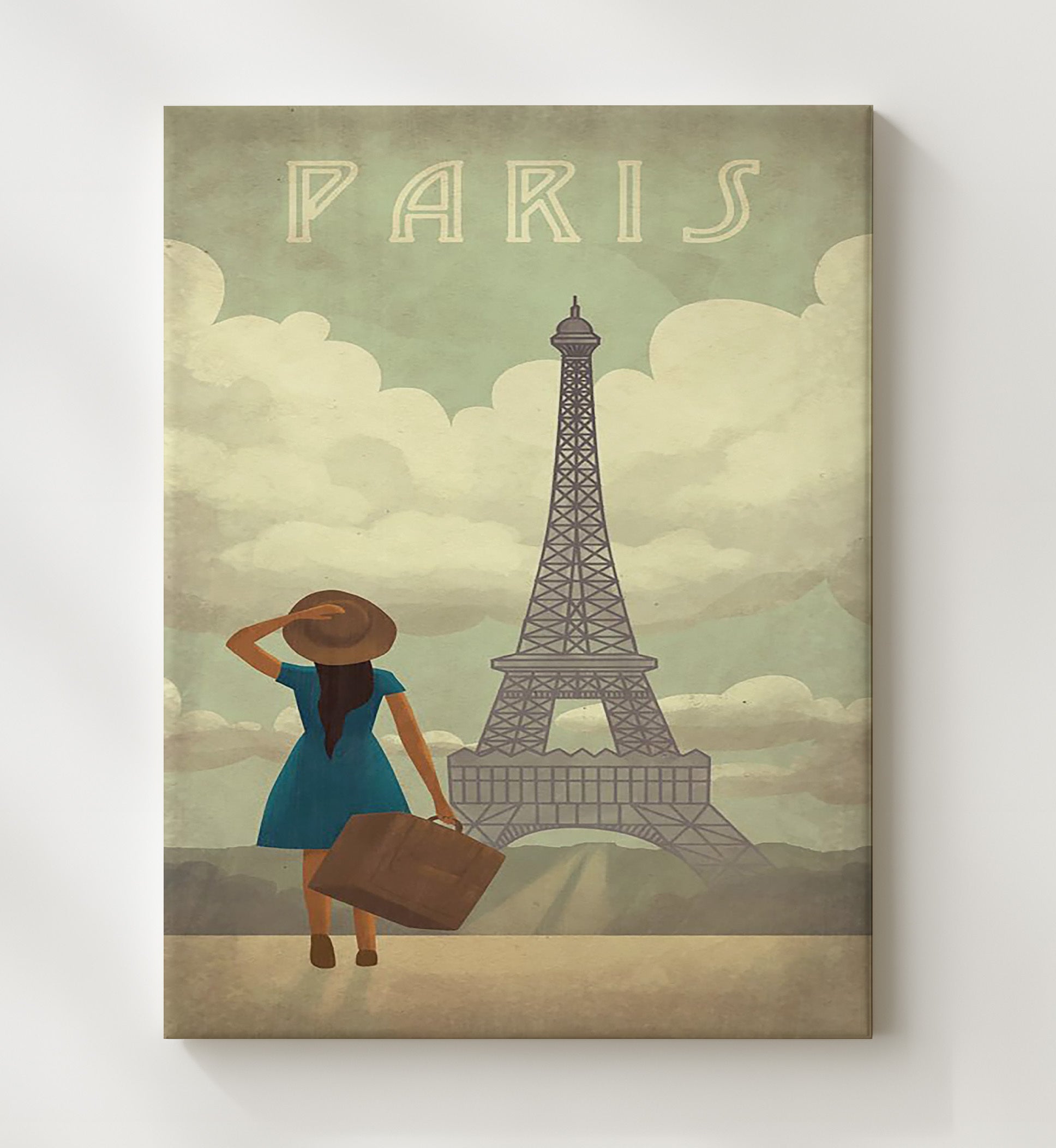 Paris Eiffel Tower with Traveler Vintage Travel Print 20x24 Canvas travel wall art print