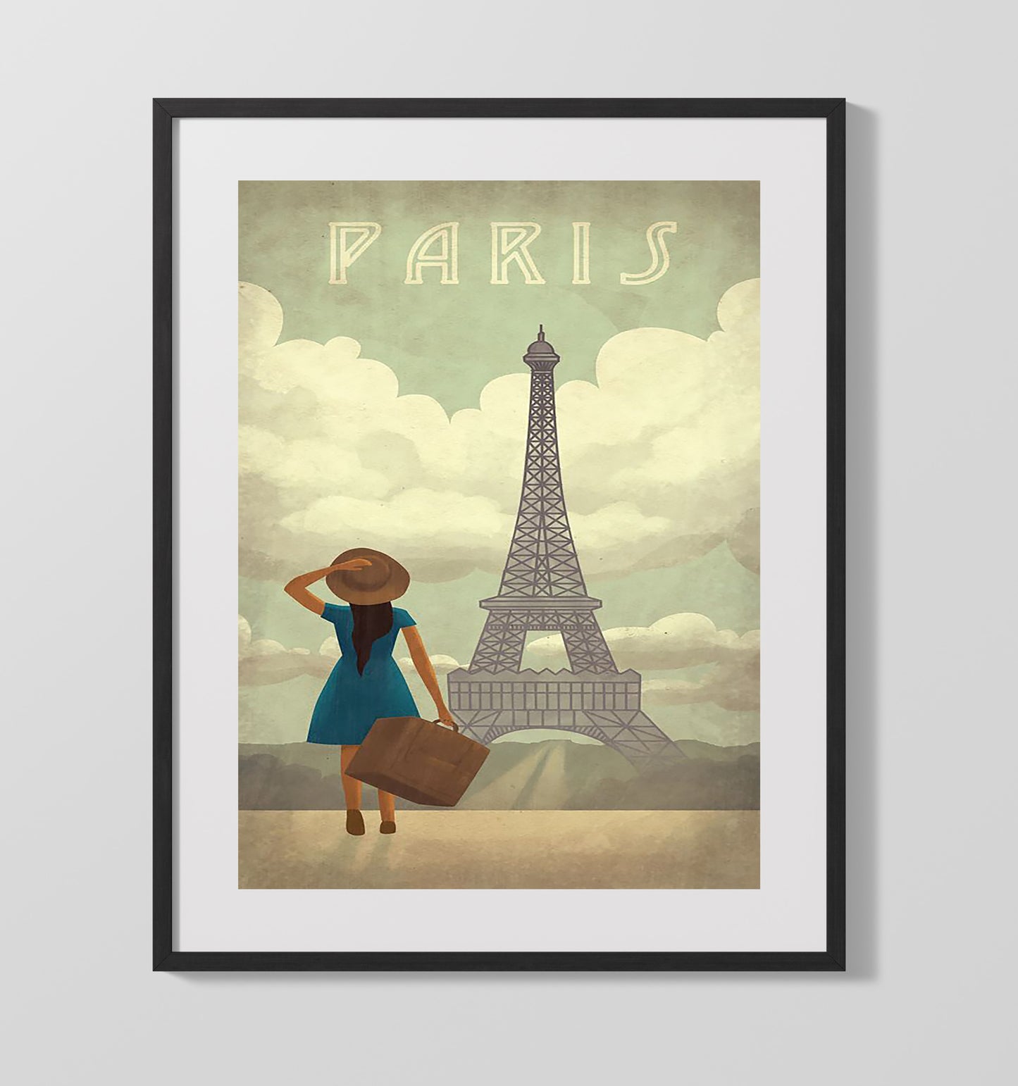 Paris Eiffel Tower with Traveler Vintage Travel Print 16x20 Gallery Frame travel wall art print