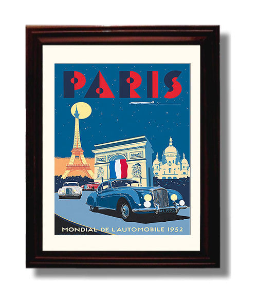 Paris Mondial de lAutomobile 1952 Vintage Travel Print 8x10 Beveled Frame travel wall art print