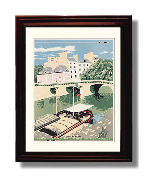 Paris Pont Neuf River Scene Vintage Travel Print 8x10 Beveled Frame travel wall art print