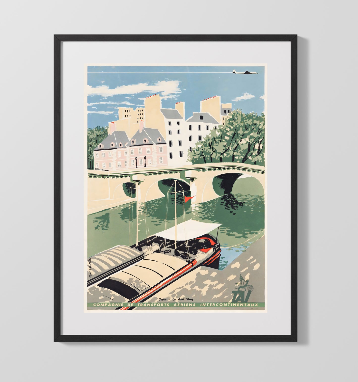 Paris Pont Neuf River Scene Vintage Travel Print 16x20 Gallery Frame travel wall art print