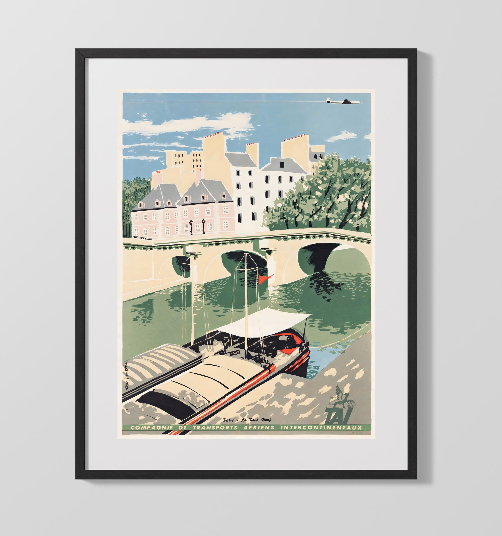 Paris Pont Neuf River Scene Vintage Travel Print 16x20 Gallery Frame travel wall art print