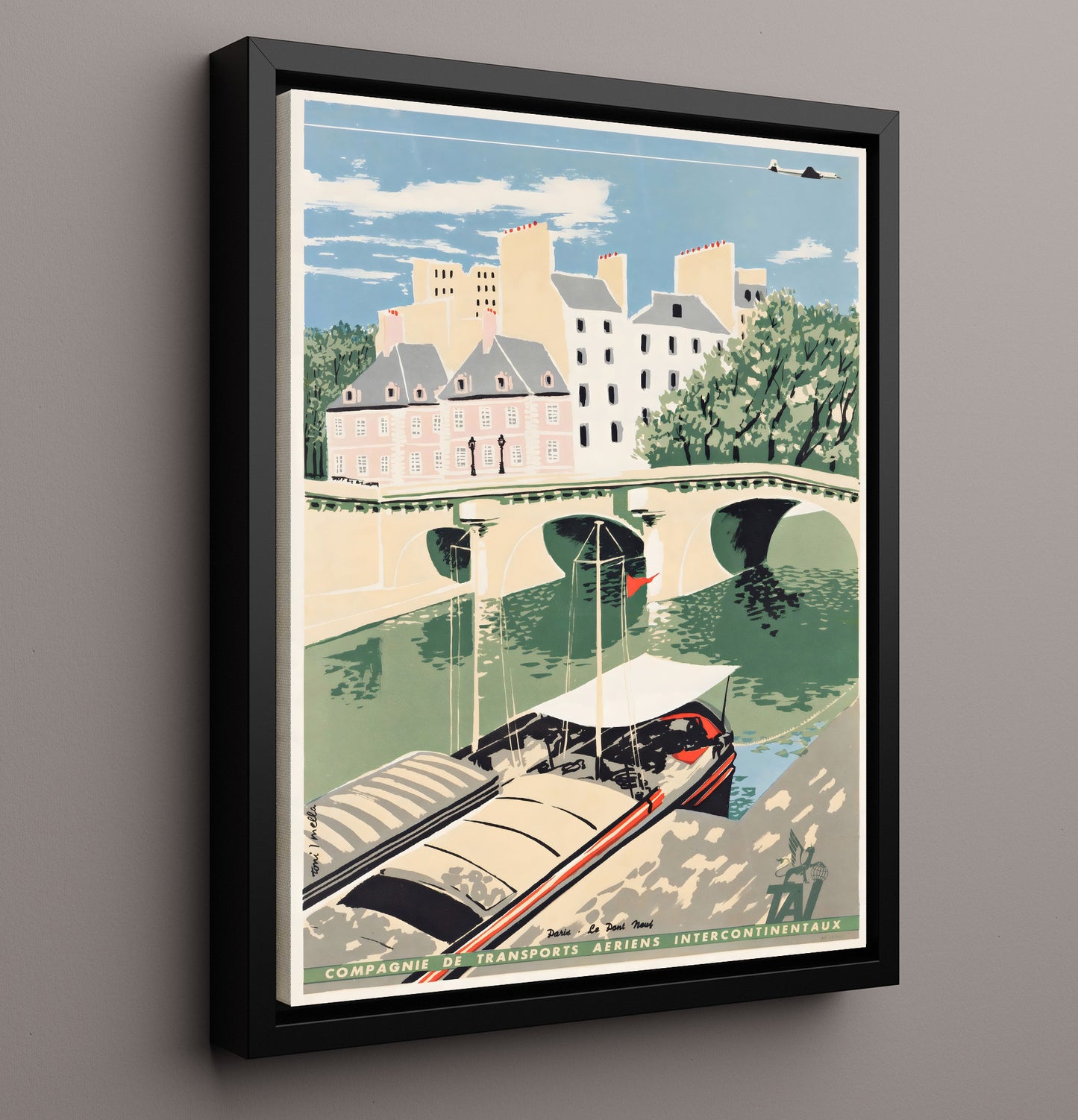Paris Pont Neuf River Scene Vintage Travel Print 16x20 Framed Canvas travel wall art print