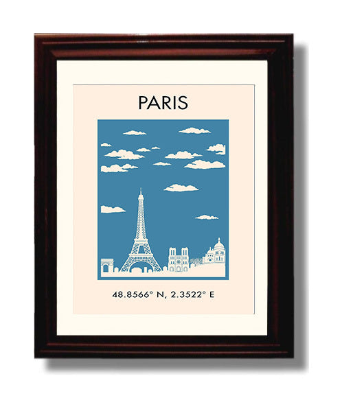 Paris Skyline Vintage Travel Print 8x10 Beveled Frame travel wall art print
