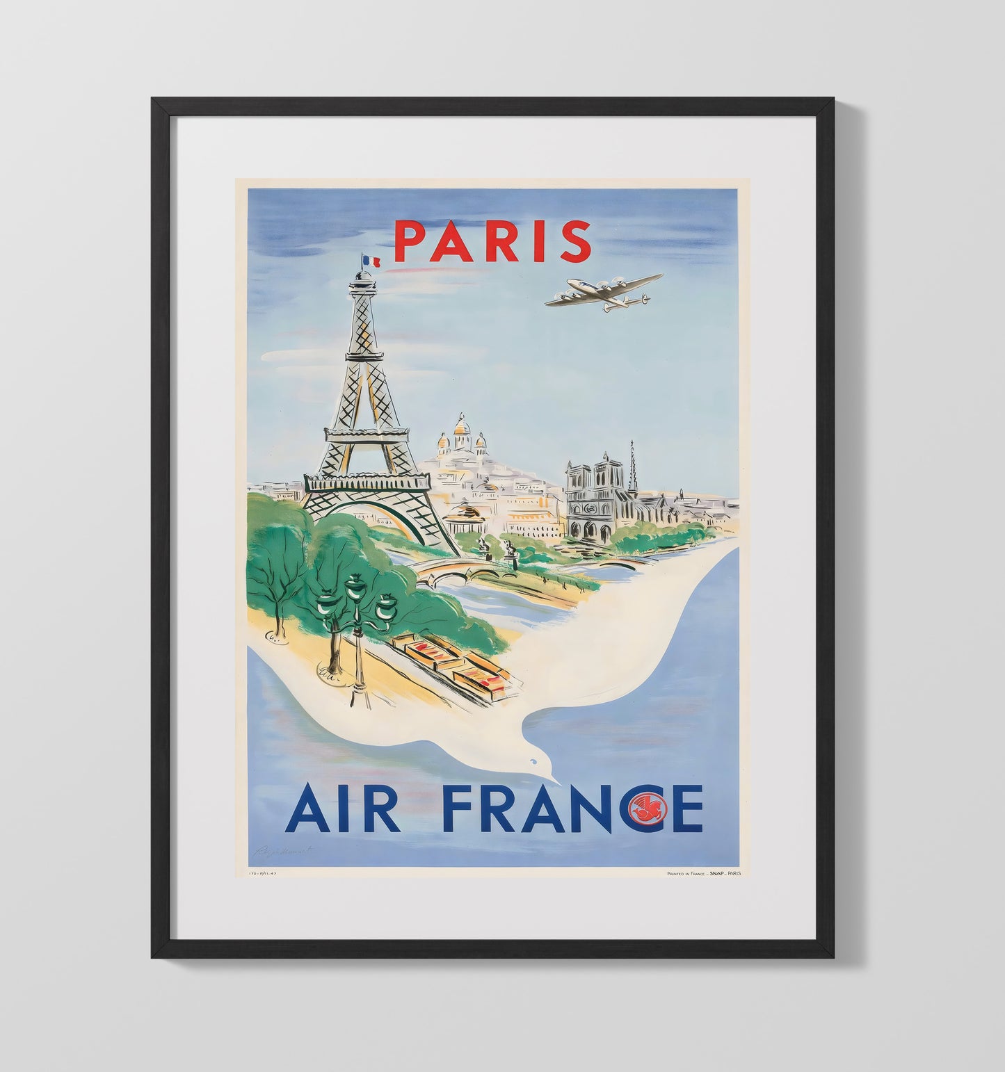 Paris Air France Vintage Travel Print 16x20 Gallery Frame travel wall art print
