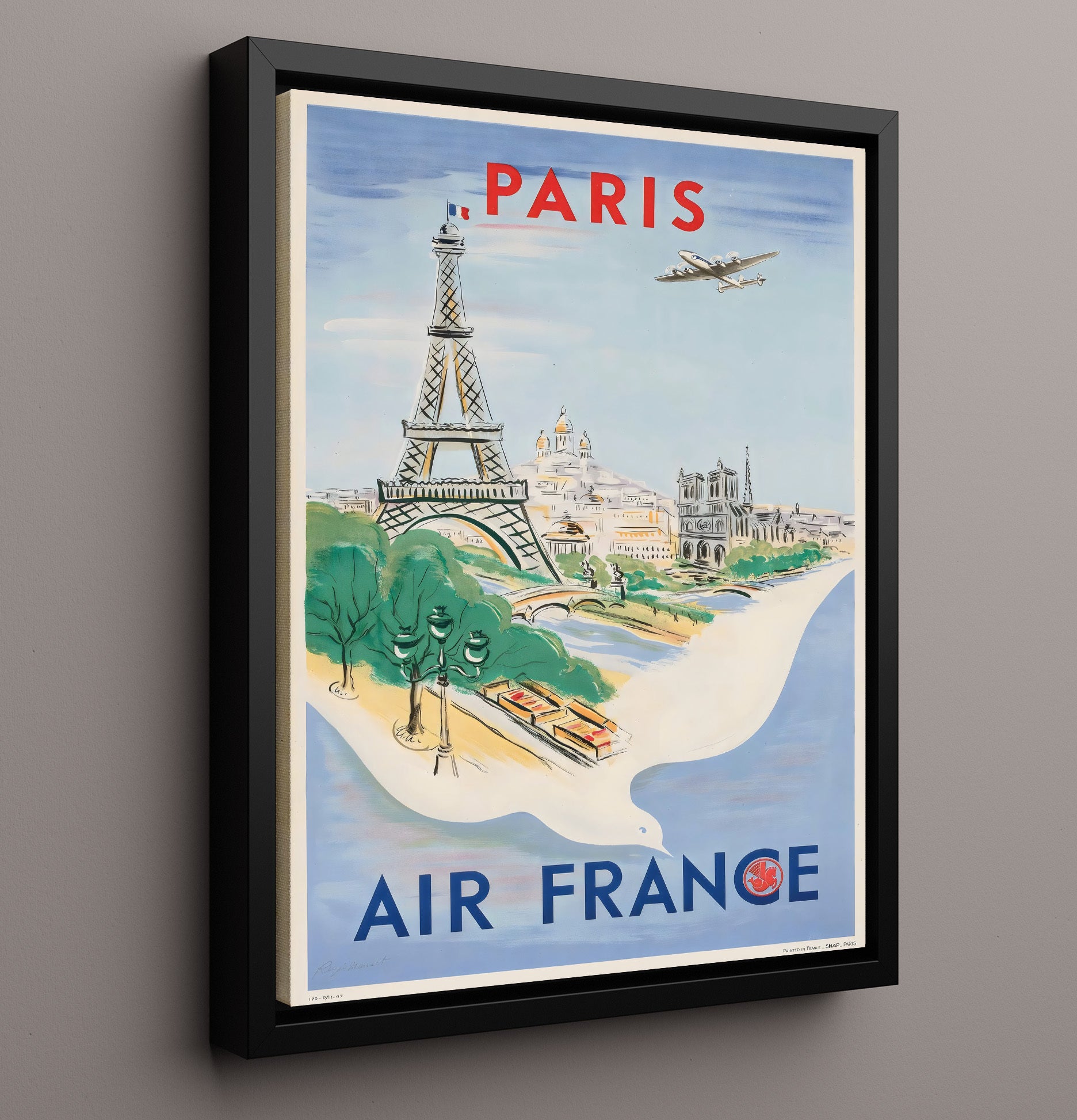 Paris Air France Vintage Travel Print 16x20 Framed Canvas travel wall art print