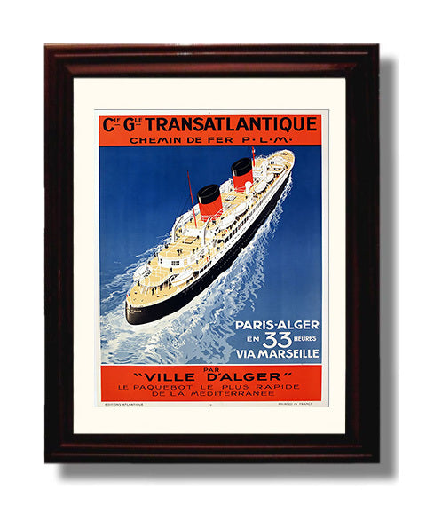 Paris Algiers Ville dAlger Ship Vintage Travel Print 8x10 Beveled Frame travel wall art print
