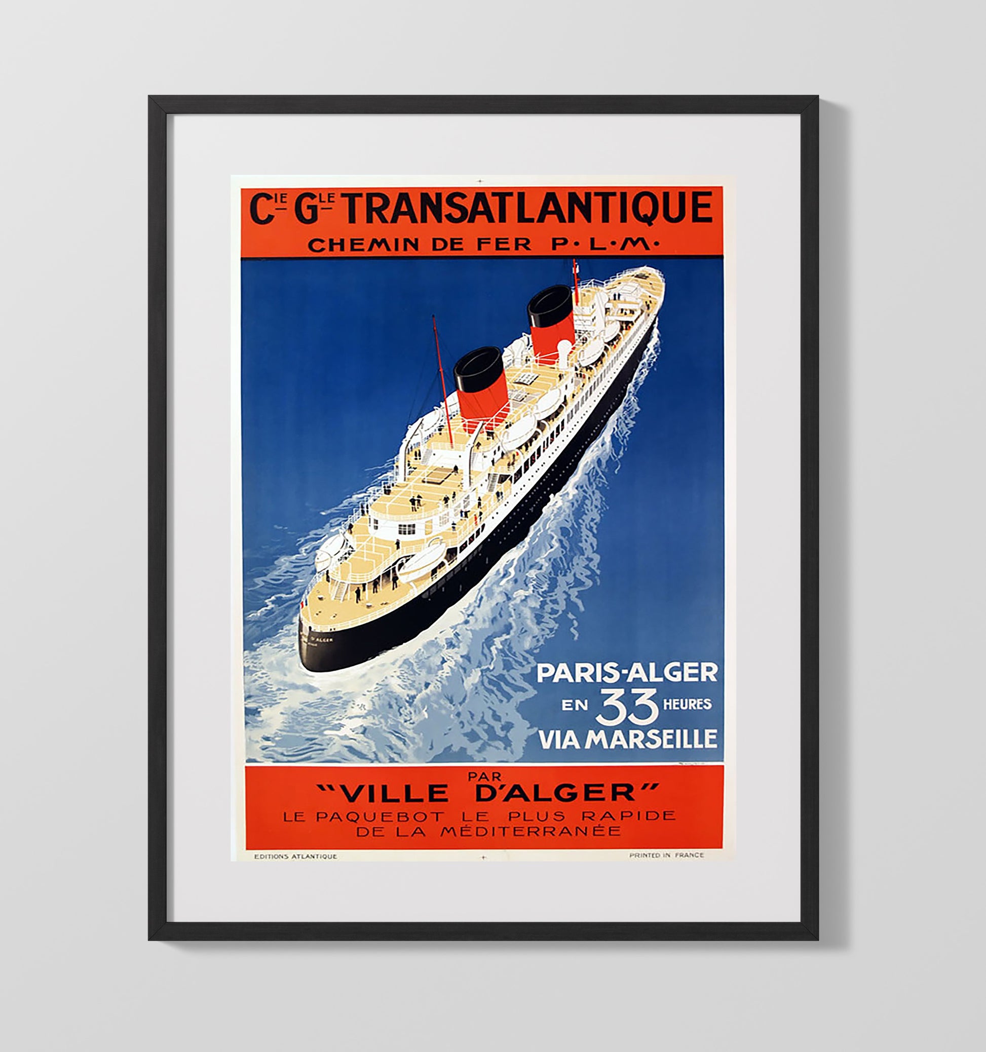 Paris Algiers Ville dAlger Ship Vintage Travel Print 16x20 Gallery Frame travel wall art print