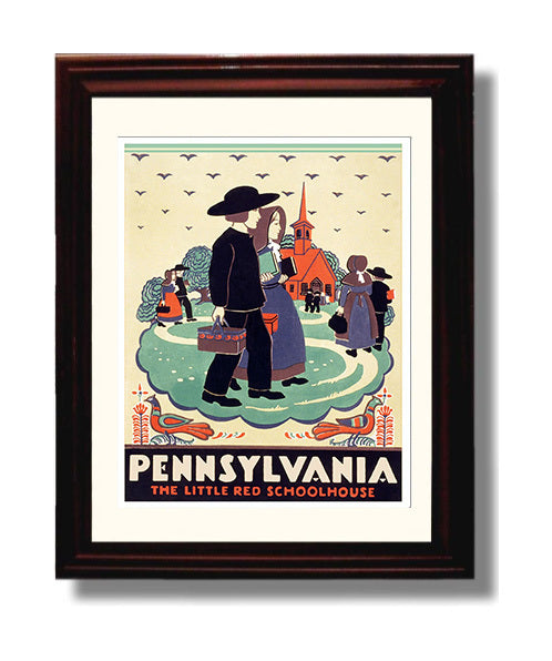 Pennsylvania Red Schoolhouse Vintage Travel Print 8x10 Beveled Frame travel wall art print
