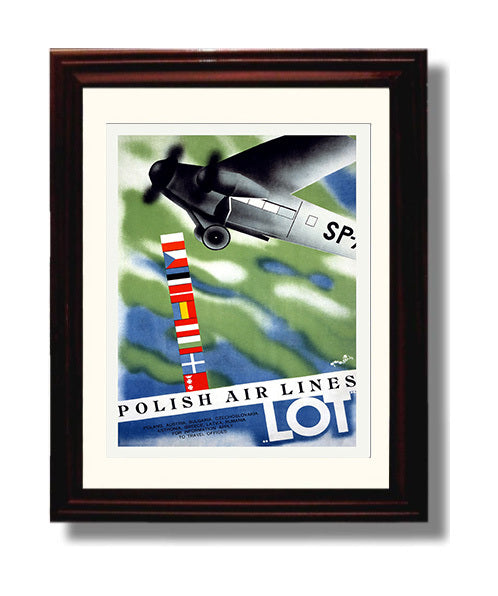Poland LOT Airlines Vintage Travel Print 8x10 Beveled Frame travel wall art print