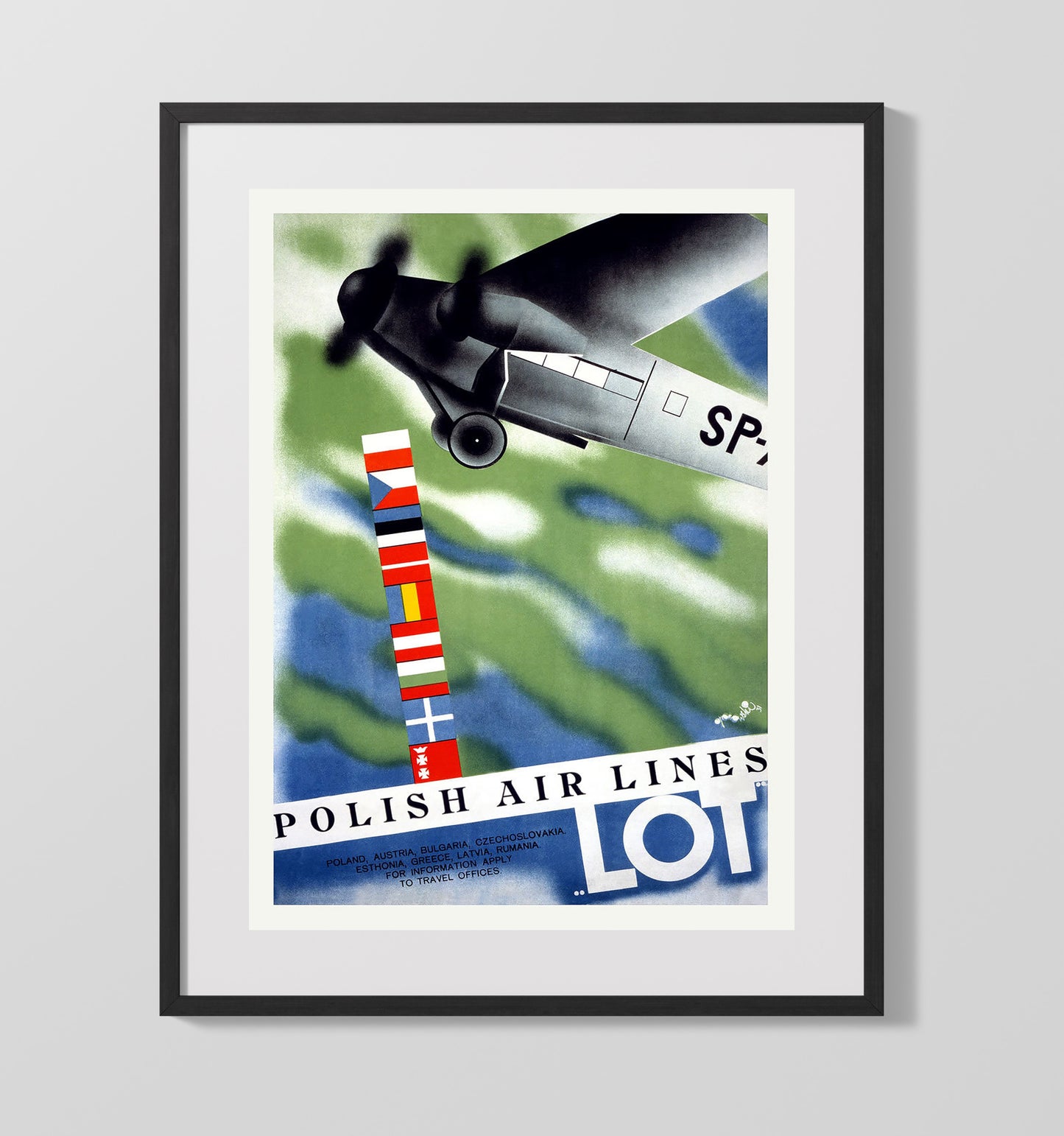 Poland LOT Airlines Vintage Travel Print 16x20 Gallery Frame travel wall art print
