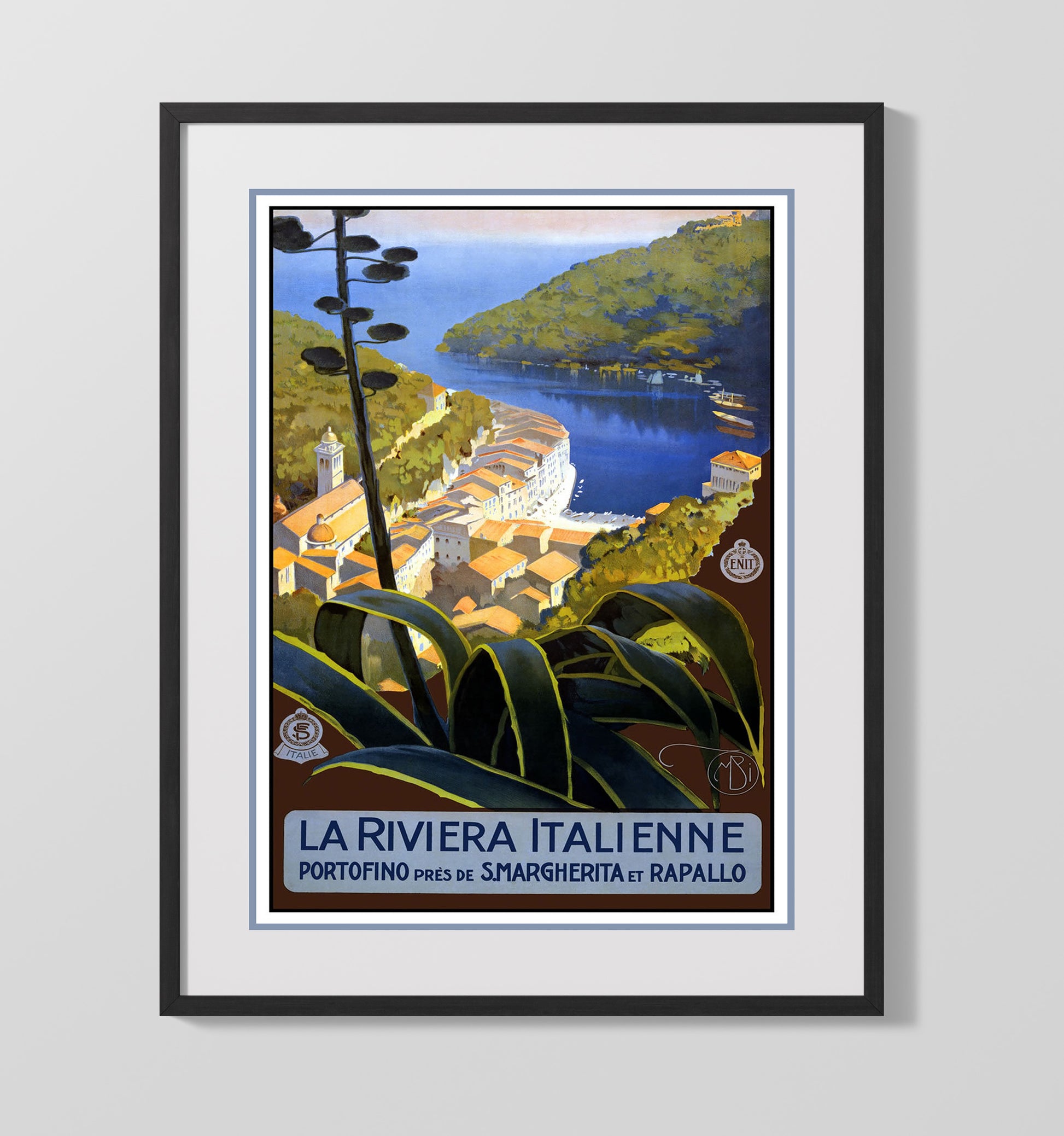 Portofino Italian Riviera Vintage Travel Print 16x20 Gallery Frame travel wall art print