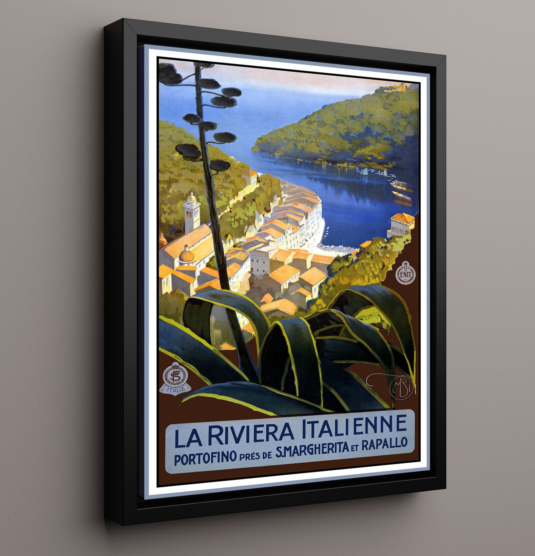 Portofino Italian Riviera Vintage Travel Print 16x20 Framed Canvas travel wall art print