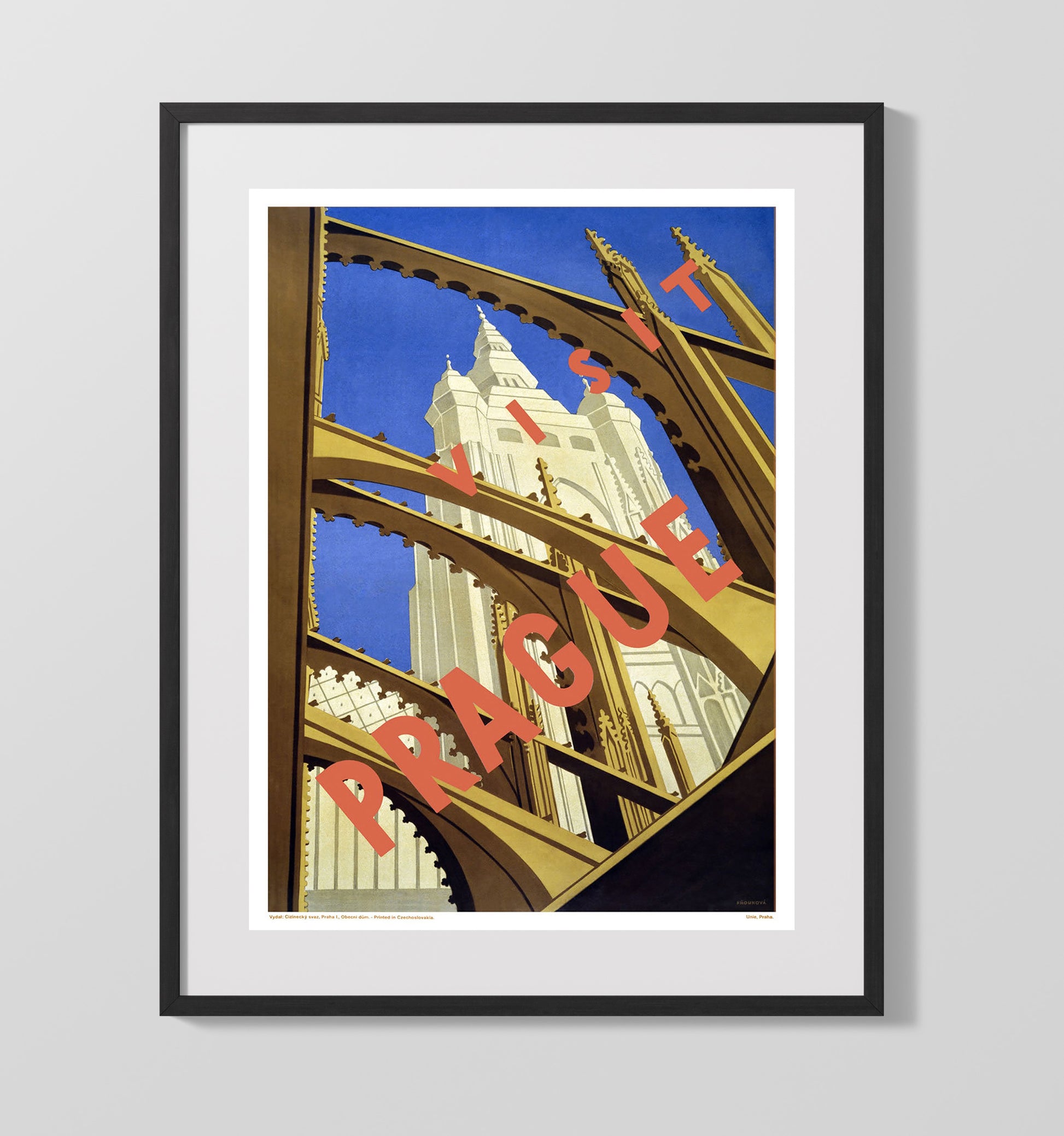 Prague Cathedral View Vintage Travel Print 16x20 Gallery Frame travel wall art print