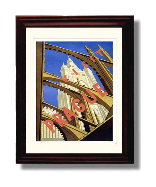 Prague Cathedral View Vintage Travel Print 8x10 Beveled Frame travel wall art print