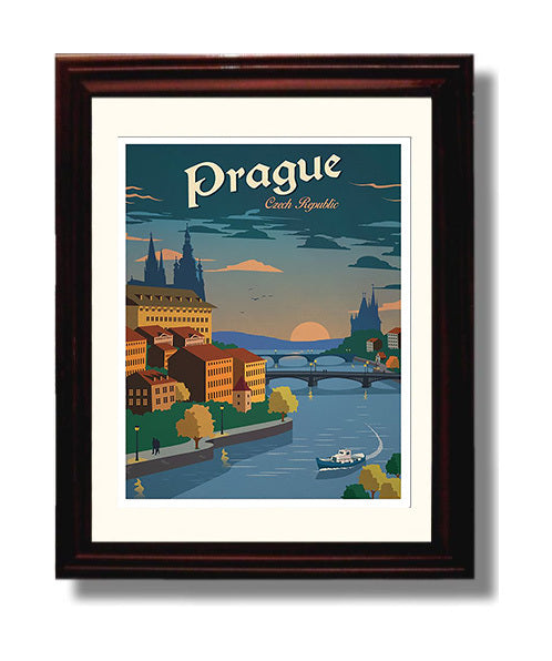 Prague Czech Twilight Vintage Travel Print 8x10 Beveled Frame travel wall art print