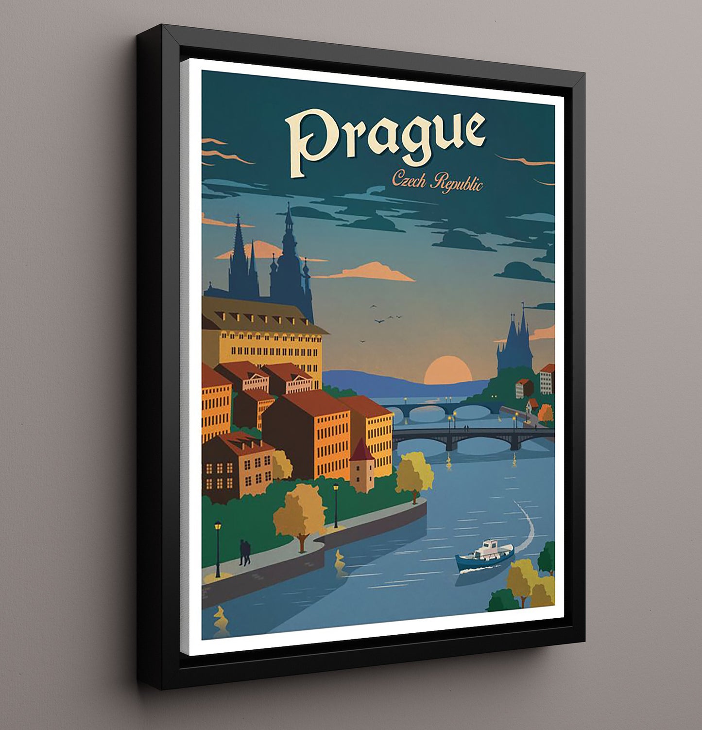 Prague Czech Twilight Vintage Travel Print 16x20 Framed Canvas travel wall art print