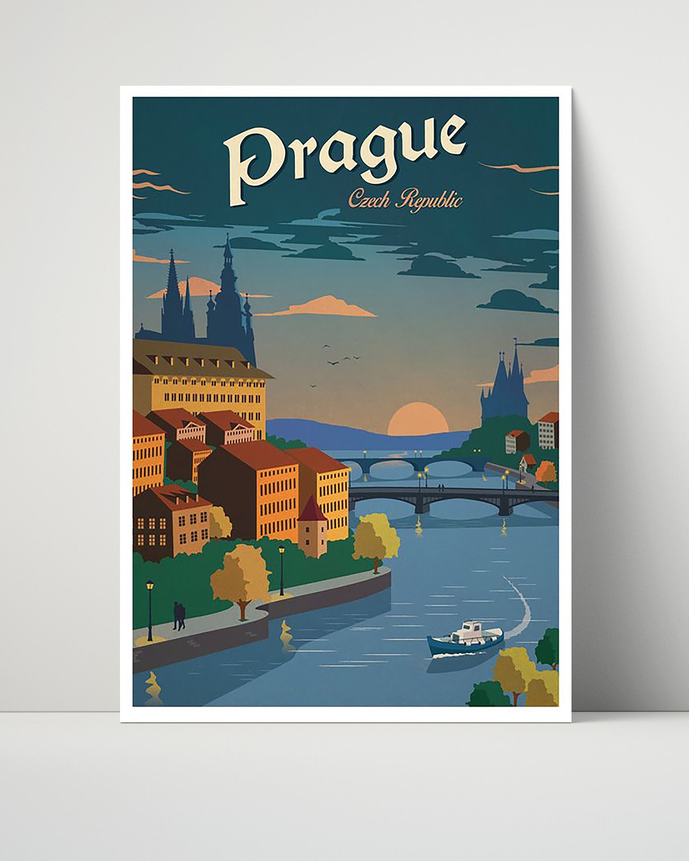 Prague Czech Twilight Vintage Travel Print 16x20 Unframed Print travel wall art print