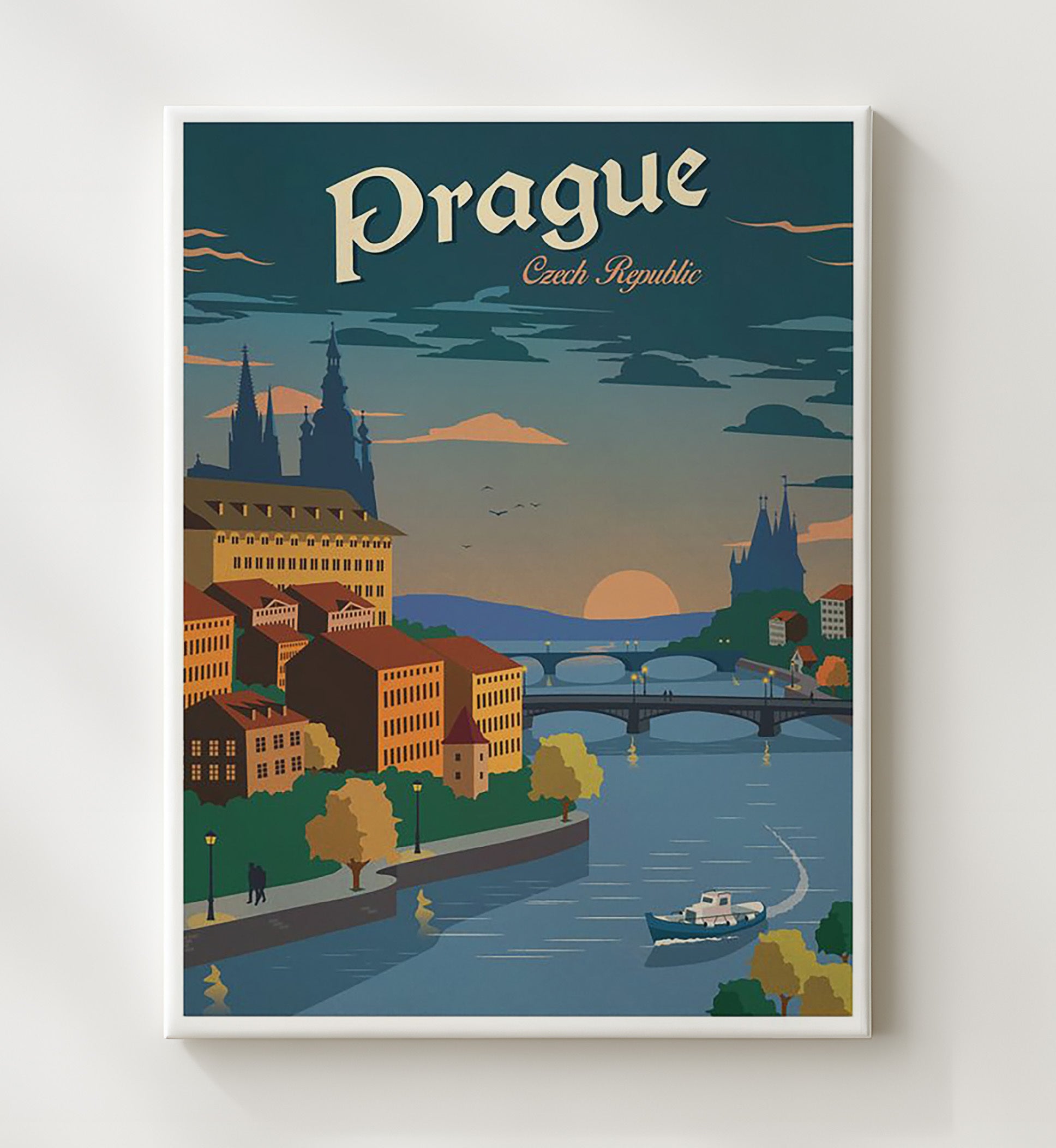 Prague Czech Twilight Vintage Travel Print 20x24 Canvas travel wall art print