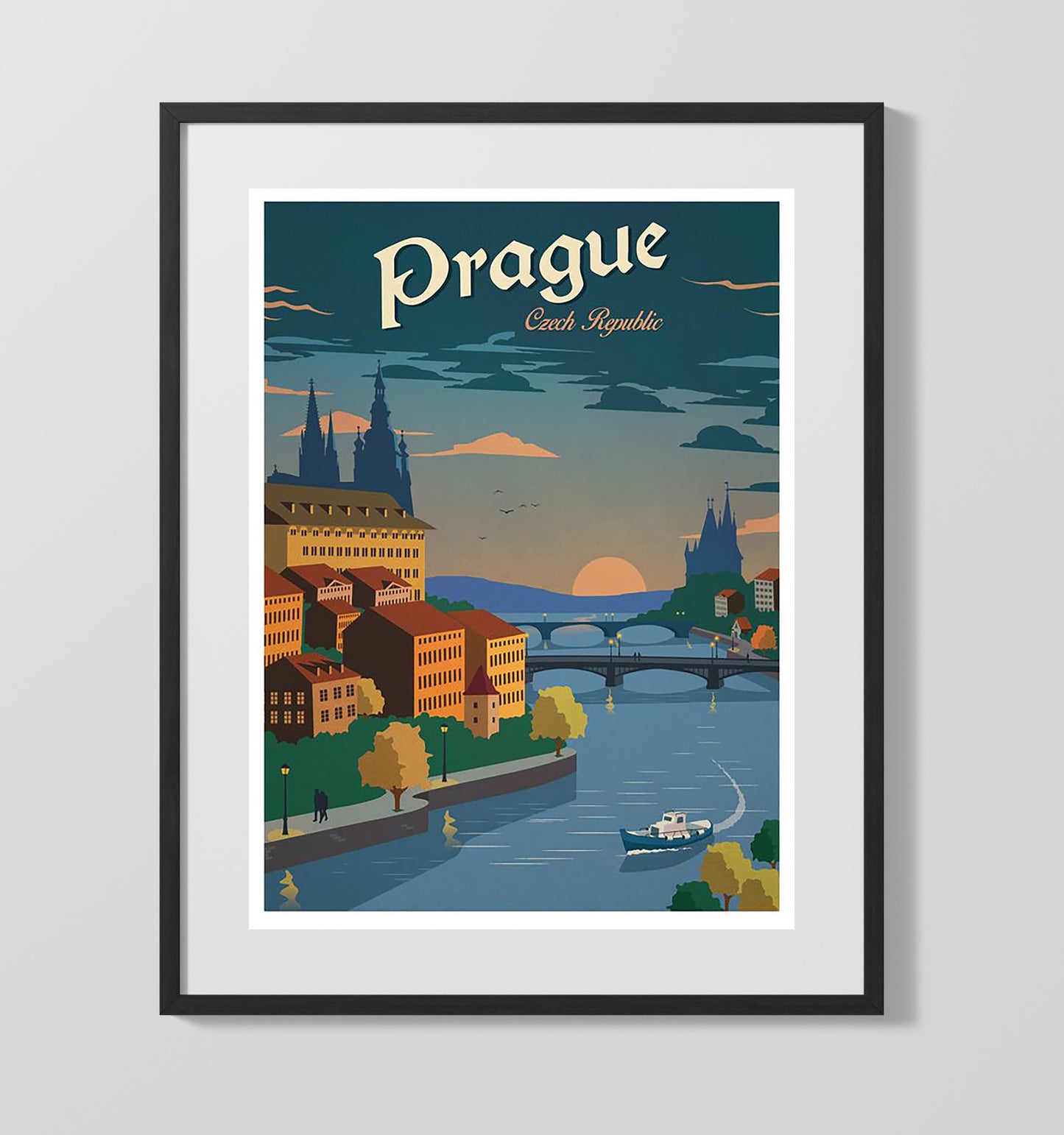 Prague Czech Twilight Vintage Travel Print 16x20 Gallery Frame travel wall art print