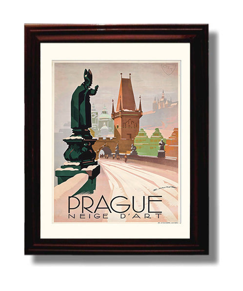 Prague Winter Neige dArt Vintage Travel Print 8x10 Beveled Frame travel wall art print