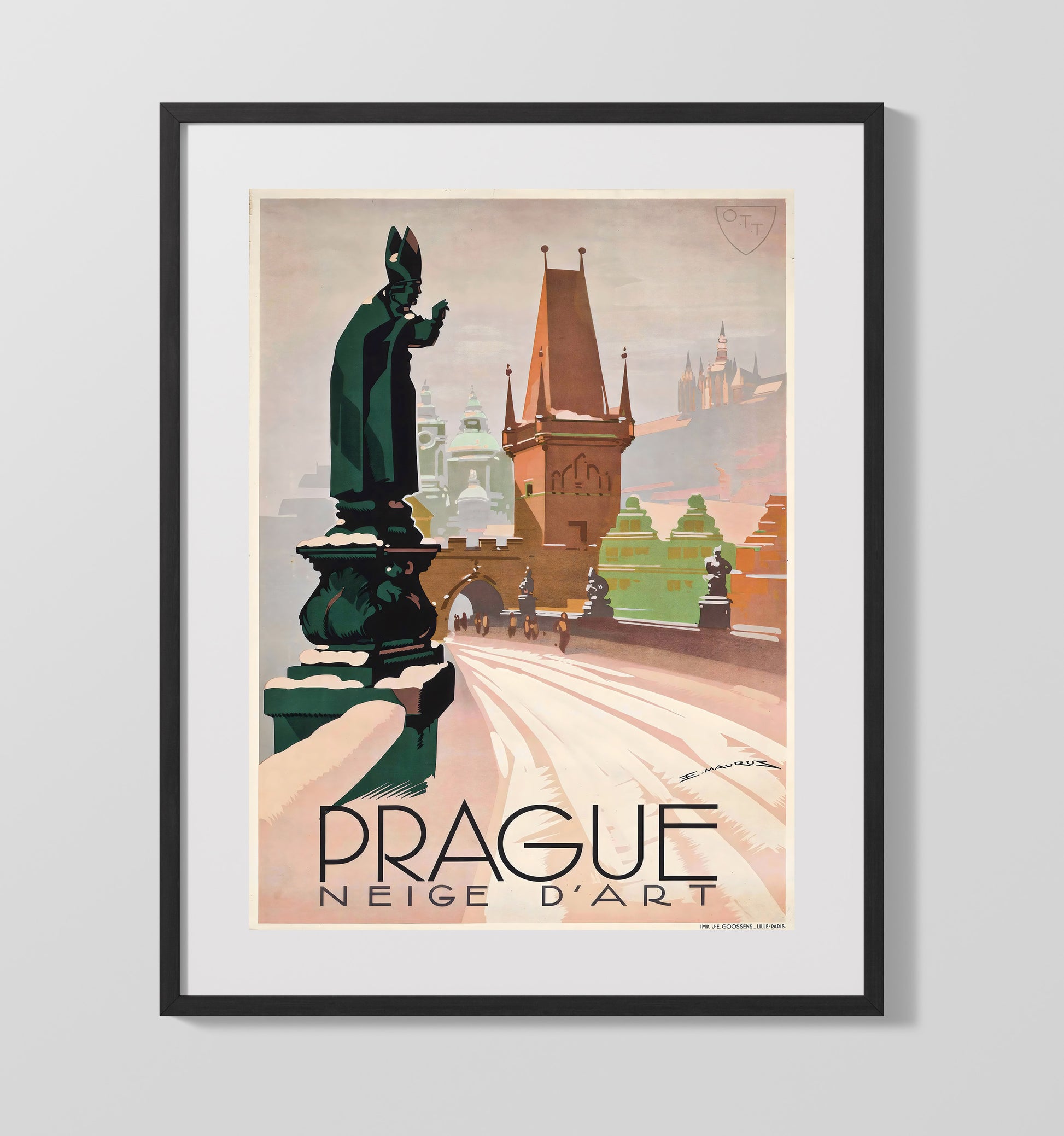 Prague Winter Neige dArt Vintage Travel Print 16x20 Gallery Frame travel wall art print