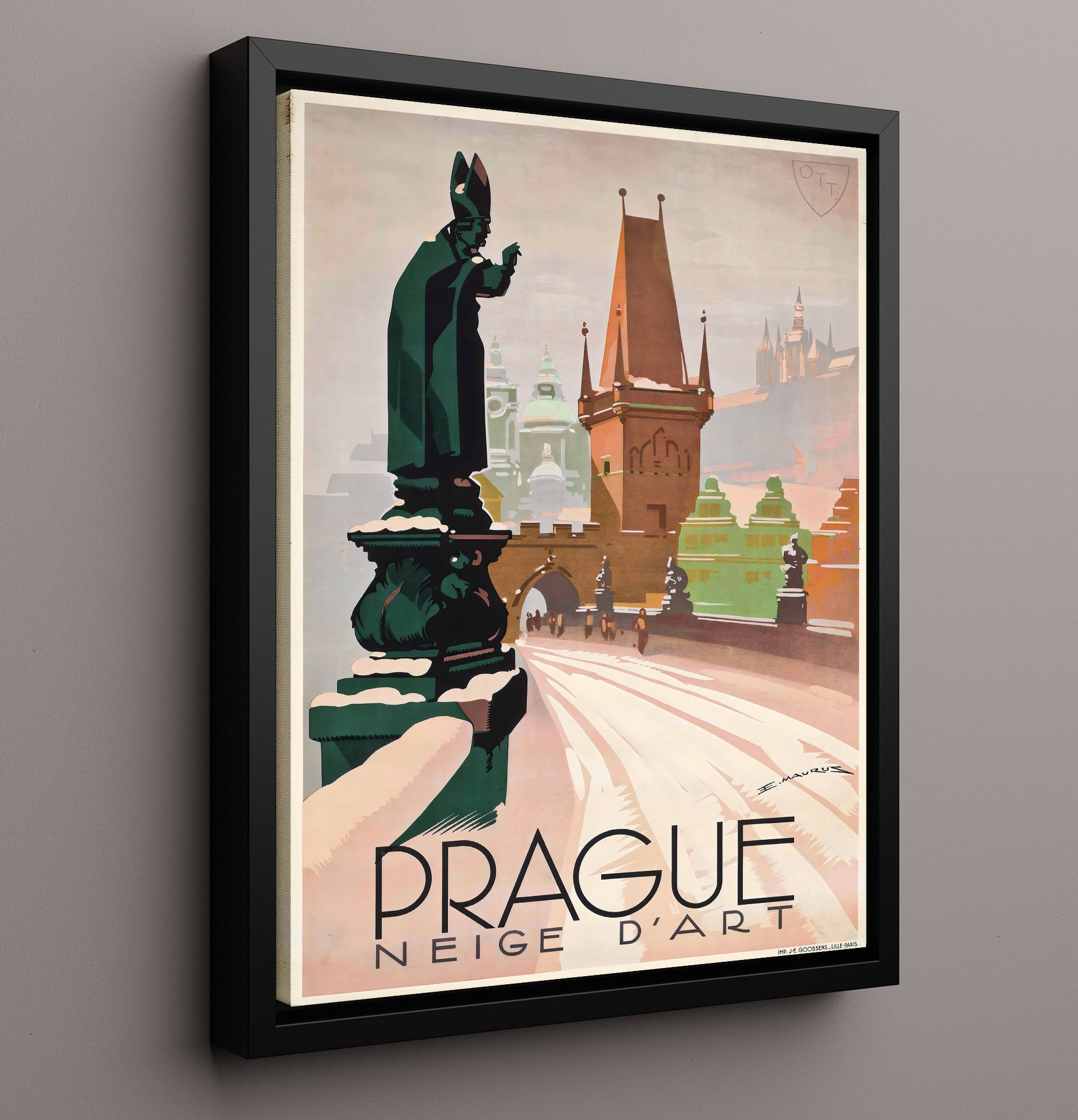 Prague Winter Neige dArt Vintage Travel Print 16x20 Framed Canvas travel wall art print