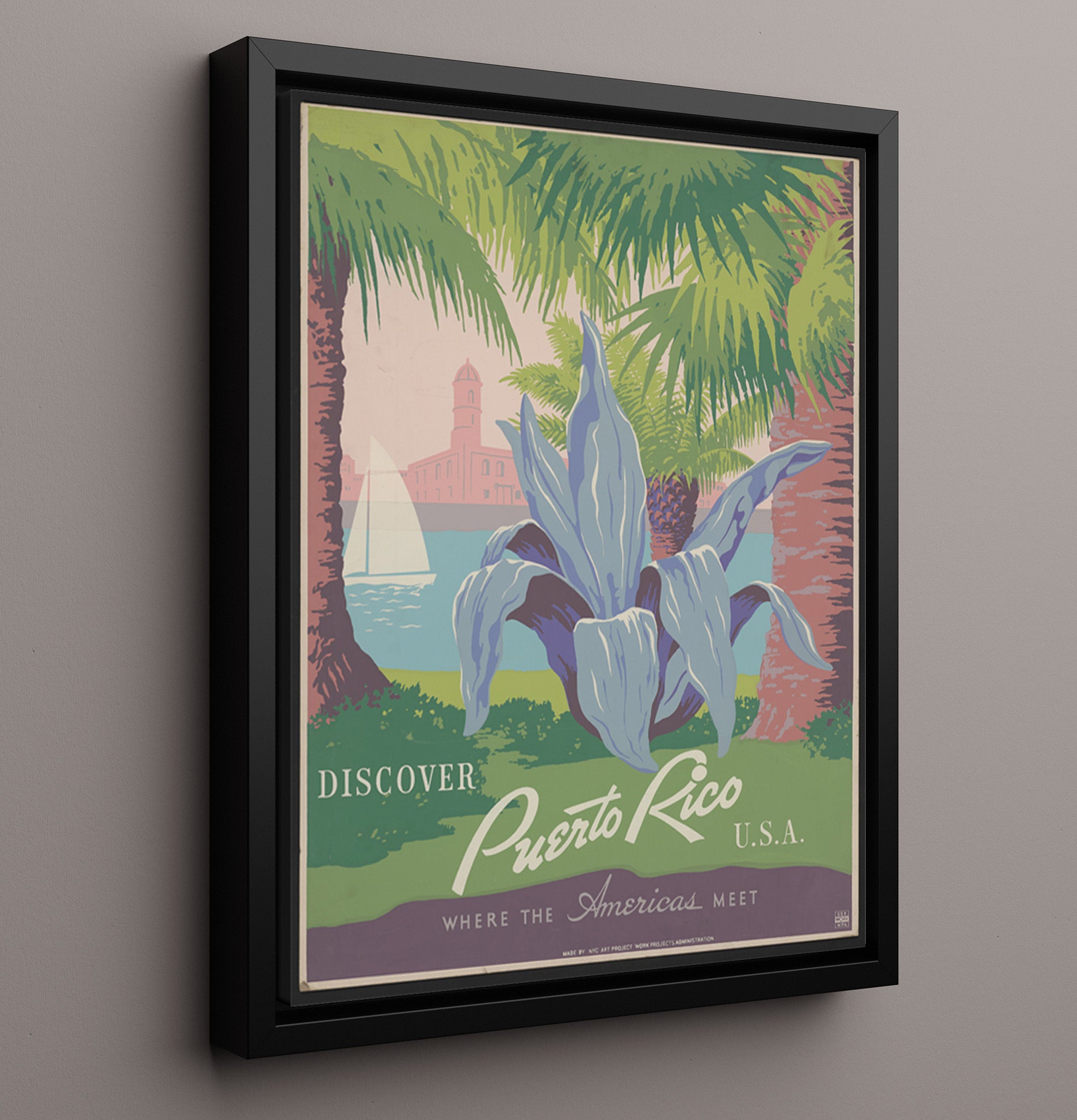 Puerto Rico Americas Meet Vintage Travel Print 16x20 Framed Canvas travel wall art print