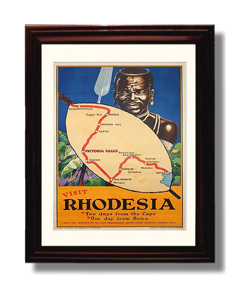 Rhodesia Travel Map Vintage Travel Print 8x10 Beveled Frame travel wall art print