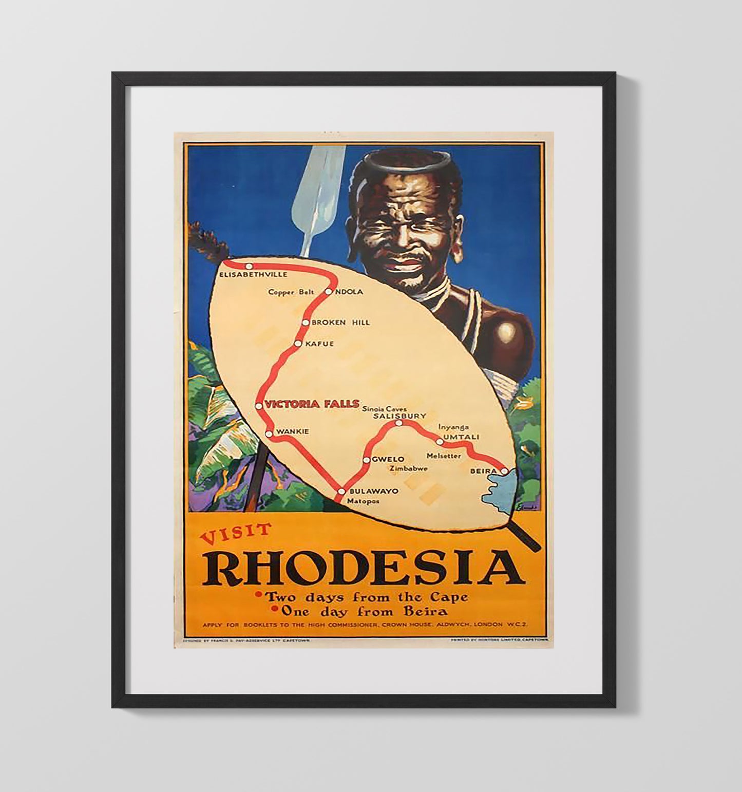 Rhodesia Travel Map Vintage Travel Print 16x20 Gallery Frame travel wall art print