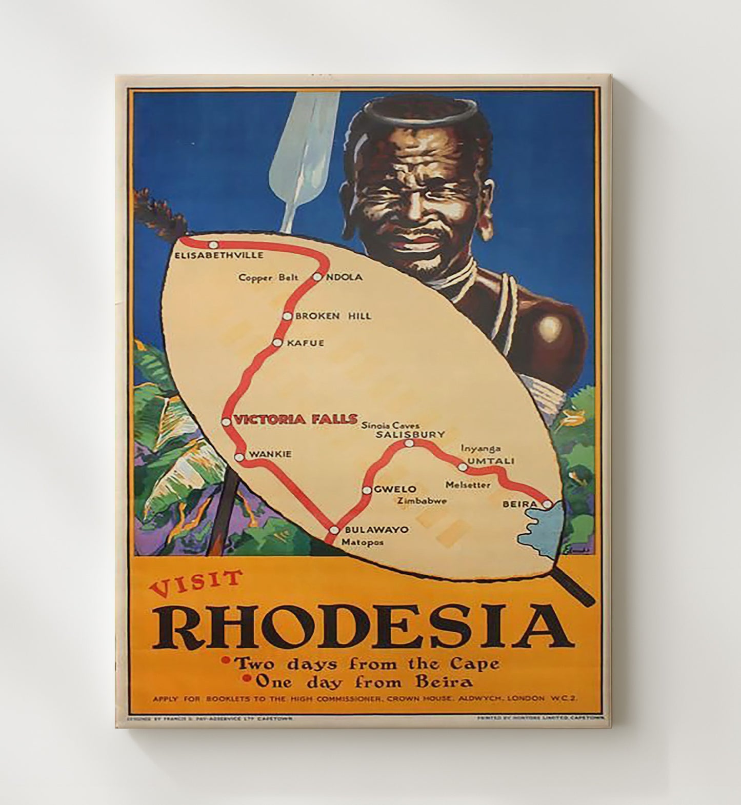 Rhodesia Travel Map Vintage Travel Print 20x24 Canvas travel wall art print