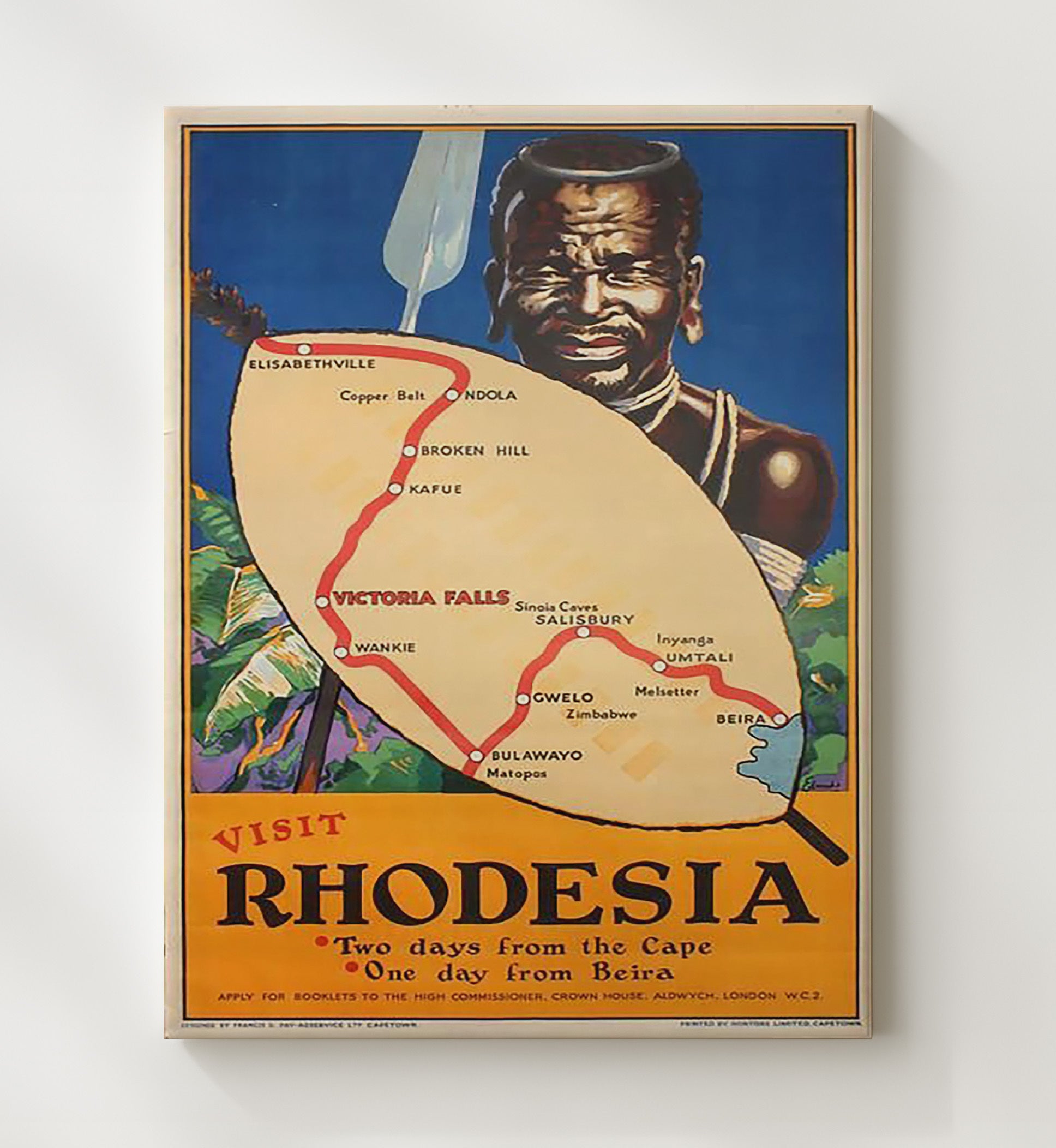 Rhodesia Travel Map Vintage Travel Print 20x24 Canvas travel wall art print