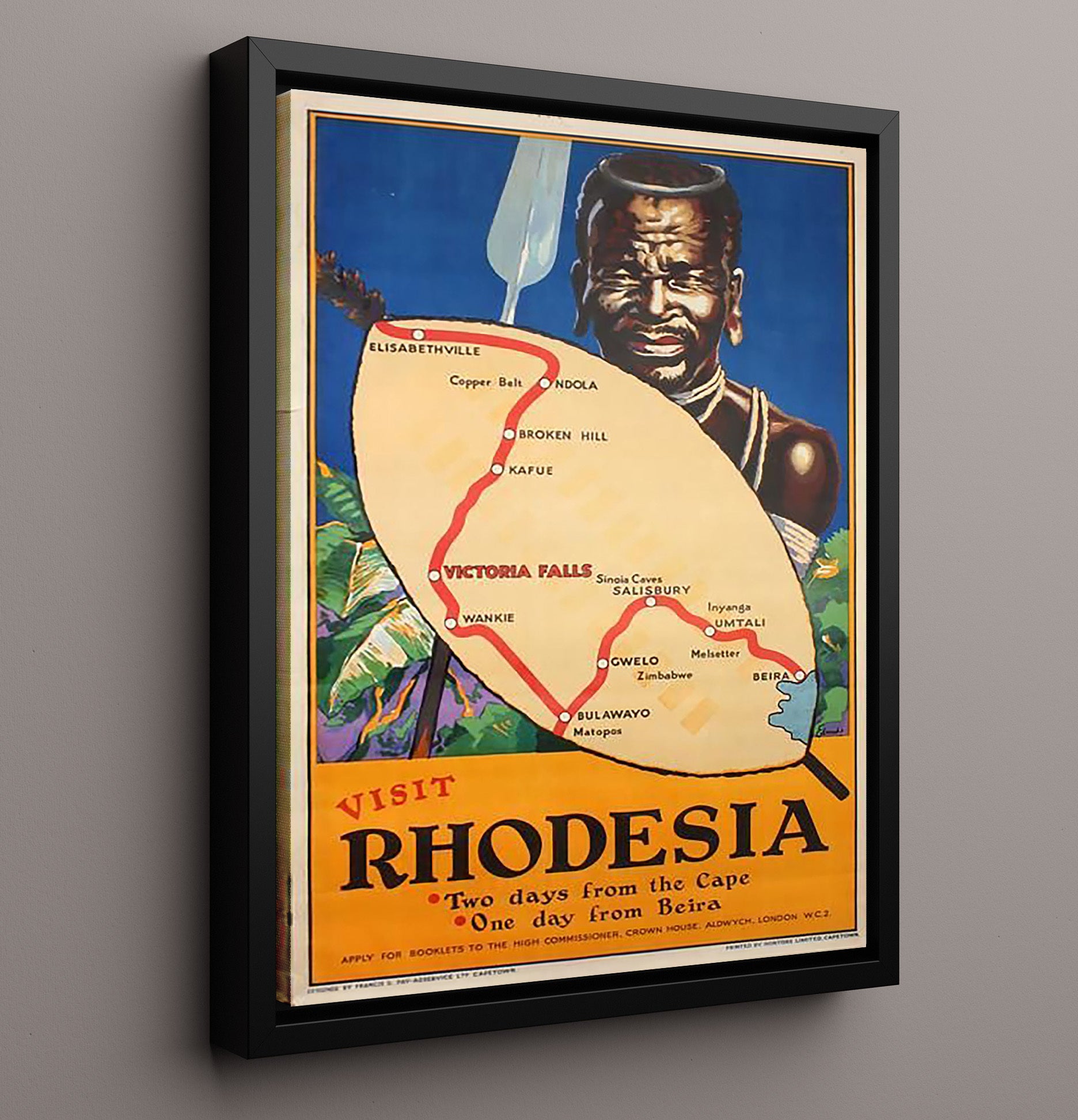 Rhodesia Travel Map Vintage Travel Print 16x20 Framed Canvas travel wall art print