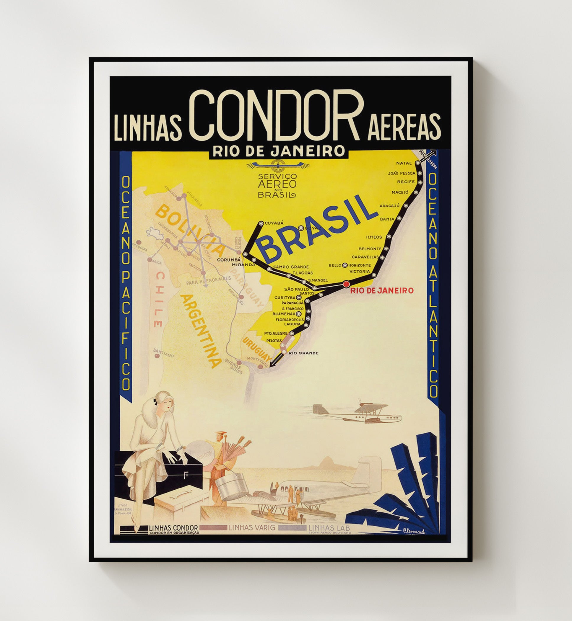 Rio de Janeiro Linhas Condor Vintage Travel Print 20x24 Canvas travel wall art print