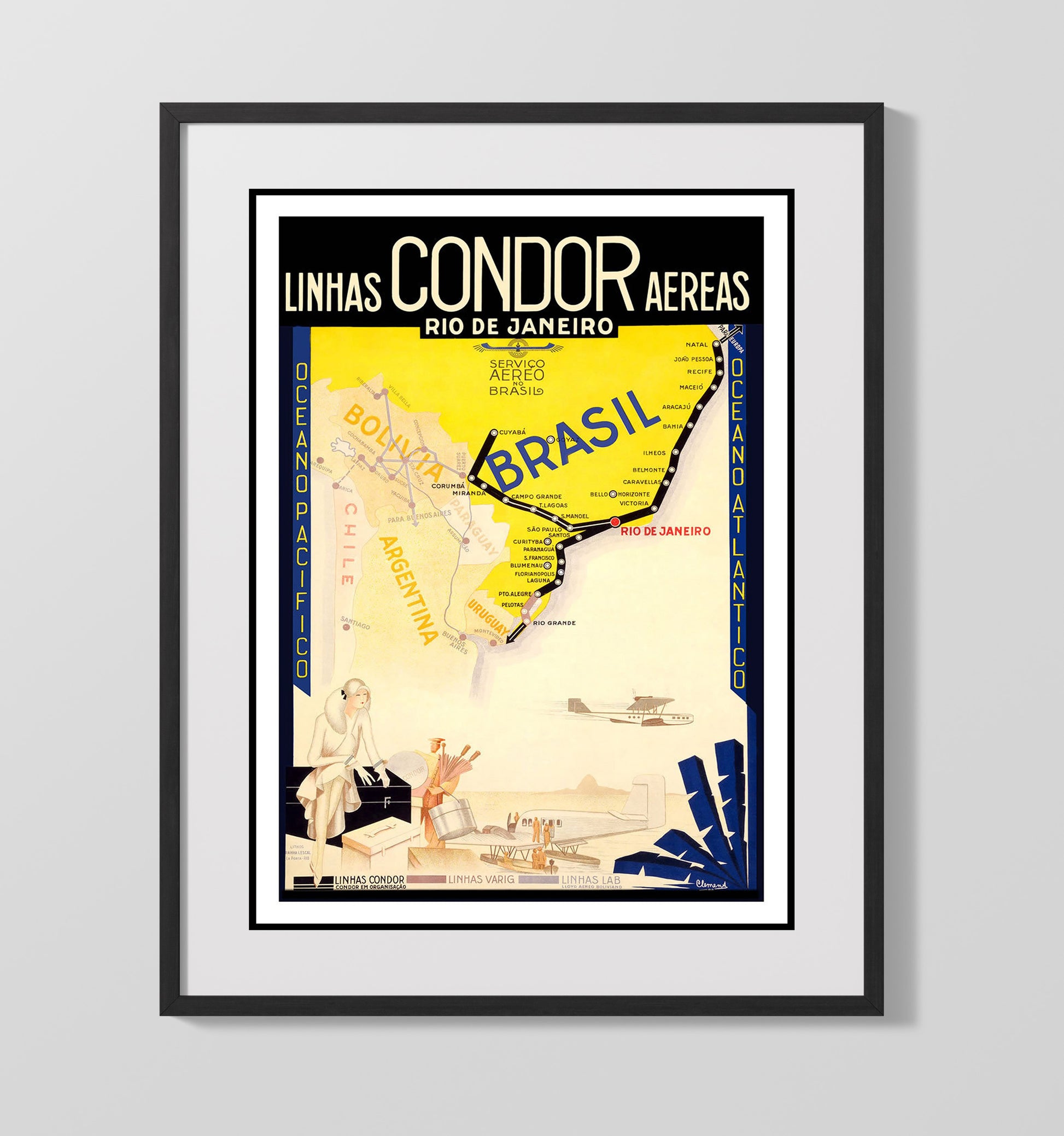Rio de Janeiro Linhas Condor Vintage Travel Print 16x20 Gallery Frame travel wall art print