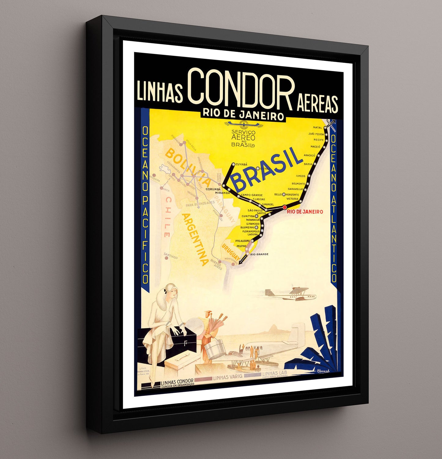 Rio de Janeiro Linhas Condor Vintage Travel Print 16x20 Framed Canvas travel wall art print