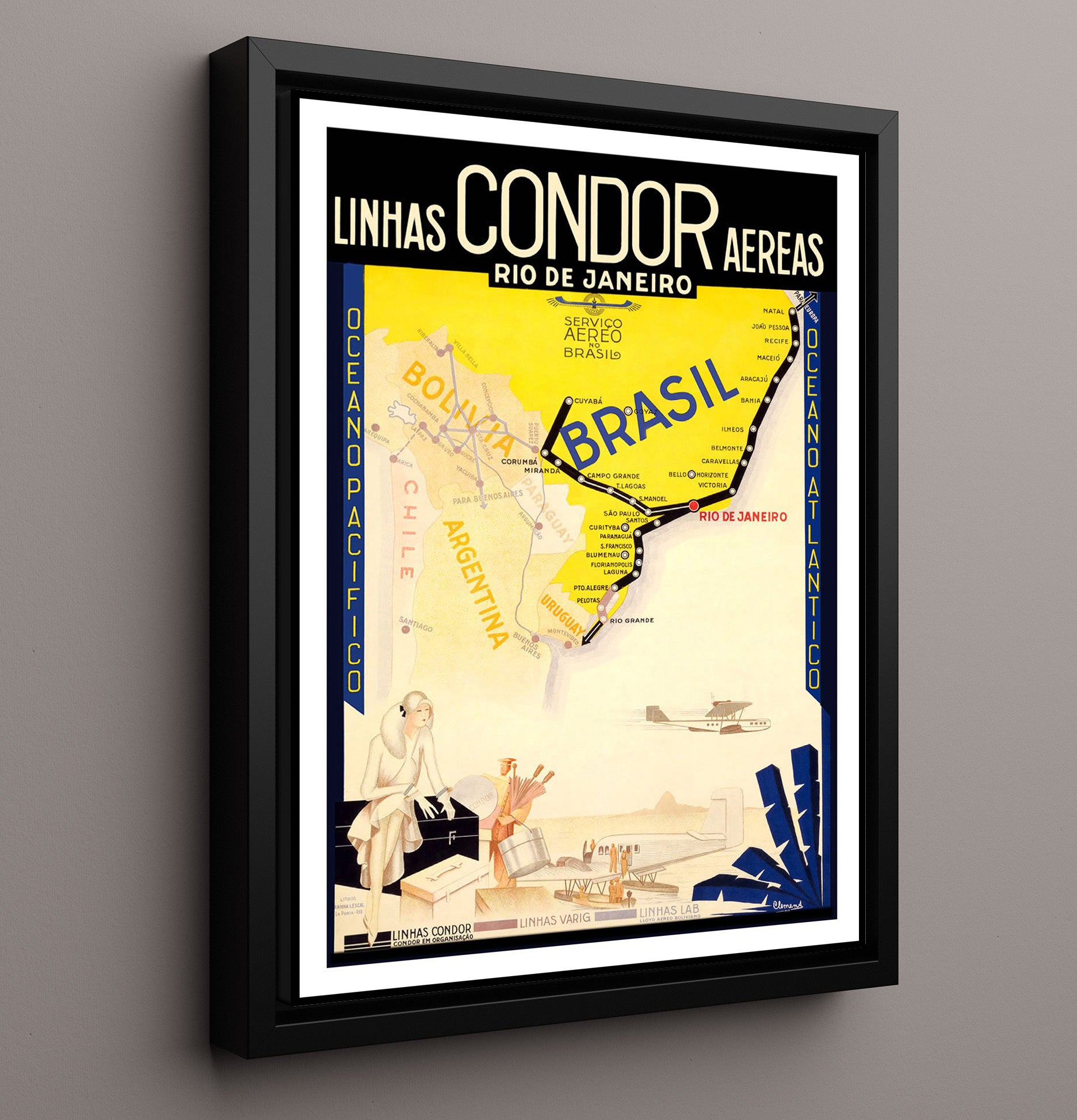 Rio de Janeiro Linhas Condor Vintage Travel Print 16x20 Framed Canvas travel wall art print