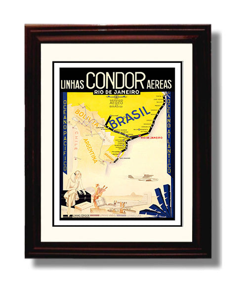 Rio de Janeiro Linhas Condor Vintage Travel Print 8x10 Beveled Frame travel wall art print