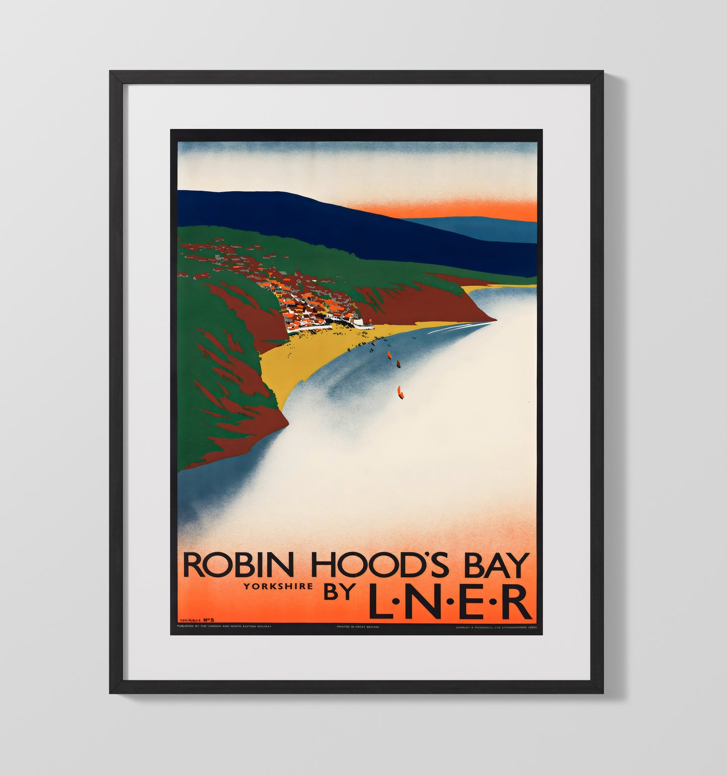 Robin Hoods Bay Yorkshire Vintage Travel Print 16x20 Gallery Frame travel wall art print