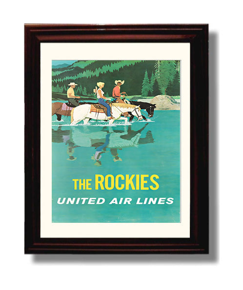 Rockies United Air Lines Vintage Travel Print 8x10 Beveled Frame travel wall art print
