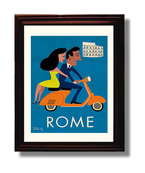 Rome Vespa and Colosseum Vintage Travel Print 8x10 Beveled Frame travel wall art print