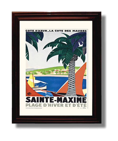 Sainte Maxime Cote dAzur Beach Vintage Travel Print 8x10 Beveled Frame travel wall art print
