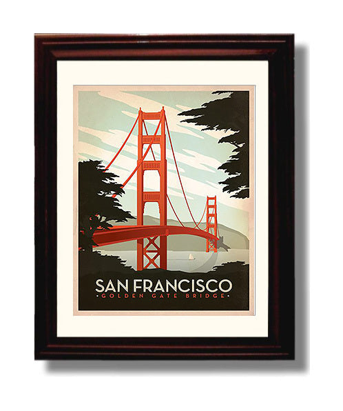 San Francisco Golden Gate Bridge Vintage Travel Print 8x10 Beveled Frame travel wall art print