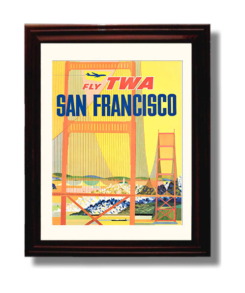 San Francisco TWA Airlines Vintage Travel Print 8x10 Beveled Frame travel wall art print