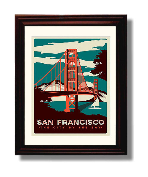 San Francisco The City by the Bay Vintage Travel Print 8x10 Beveled Frame travel wall art print
