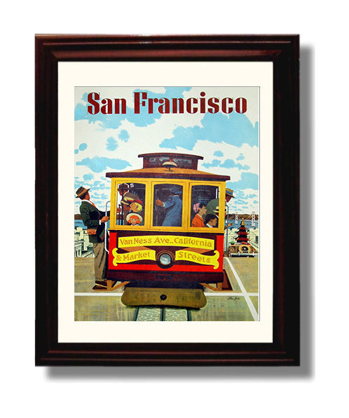 San Francisco Van Ness Trolley Car Vintage Travel Print 8x10 Beveled Frame travel wall art print